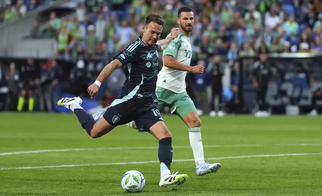 Seattle Sounders forward Danny Musovski shoots and scores against Austin FC during the second half of an MLS soccer match Saturday, June 28, 2025, in Seattle. (AP Photo/Lindsey Wasson)