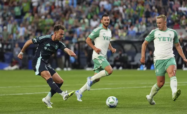 Seattle Sounders forward Danny Musovski shoots and scores against Austin FC during the second half of an MLS soccer match Saturday, June 28, 2025, in Seattle. (AP Photo/Lindsey Wasson)