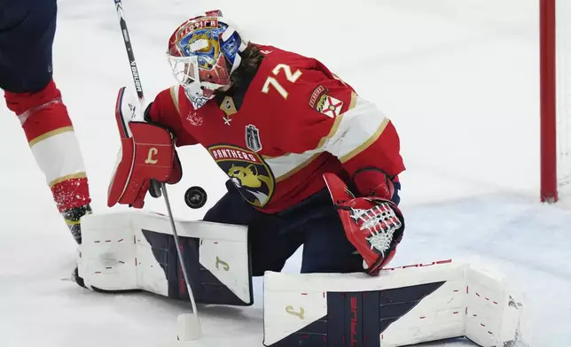 Florida Panthers goalie Sergei Bobrovsky (72) makes a save against the Edmonton Oilers during the first period in Game 6 of the NHL hockey Stanley Cup Final in Sunrise, Fla., Tuesday, June 17, 2025. (Nathan Denette/The Canadian Press via AP)