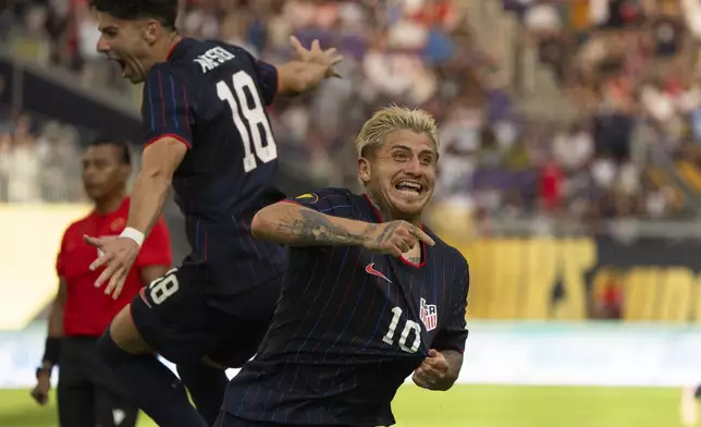 United States midfielder Diego Luna (10) reacts after his second-half goal against Costa Rica during a CONCACAF Gold Cup quarterfinals soccer match Sunday, June 29, 2025, in Minneapolis. (Jeff Wheeler/Star Tribune via AP)