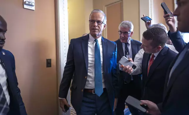 Senate Majority Leader John Thune, R-S.D., arrives for a closed-door Republican meeting to advance President Donald Trump's sweeping domestic policy bill, at the Capitol in Washington, Friday, June 27, 2025. (AP Photo/J. Scott Applewhite)