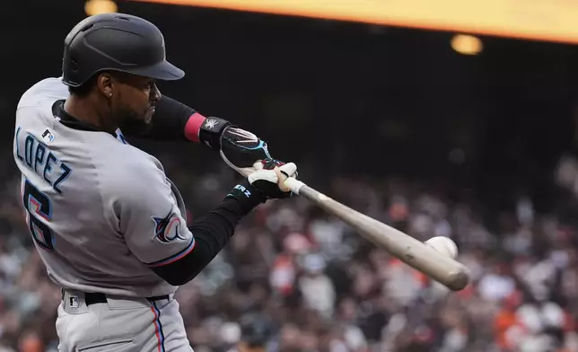 Miami Marlins' Otto Lopez hits a two-run double during the fourth inning of a baseball game against the San Francisco Giants, Wednesday, June 25, 2025, in San Francisco. (AP Photo/Godofredo A. Vásquez)