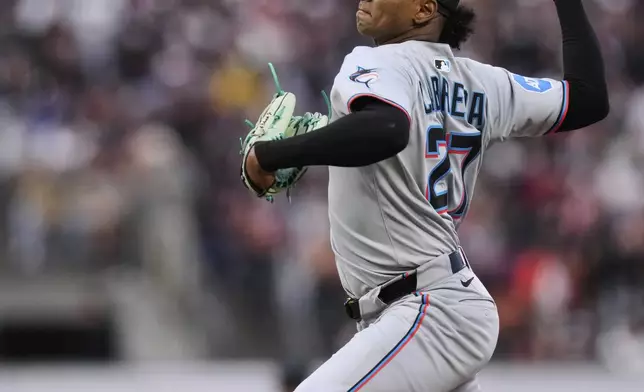 Miami Marlins' Edward Cabrera pitches to a San Francisco Giants batter during the fourth inning of a baseball game Wednesday, June 25, 2025, in San Francisco. (AP Photo/Godofredo A. Vásquez)
