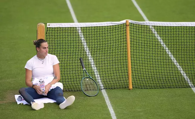 Aryna Sabalenka of Belarus during a practice session at the All England Lawn Tennis and Croquet Club, ahead of the Wimbledon Championships in London, Wednesday, June 25, 2025. (AP Photo/Kirsty Wigglesworth)
