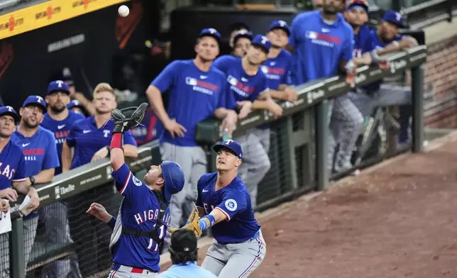 Texas Rangers catcher Kyle Higashioka (11) catches a fly ball hit by Baltimore Orioles' Cedric Mullins in foul territory for an out as the Rangers' dugout watches during the sixth inning of a baseball game, Monday, June 23, 2025, in Baltimore. (AP Photo/Stephanie Scarbrough)