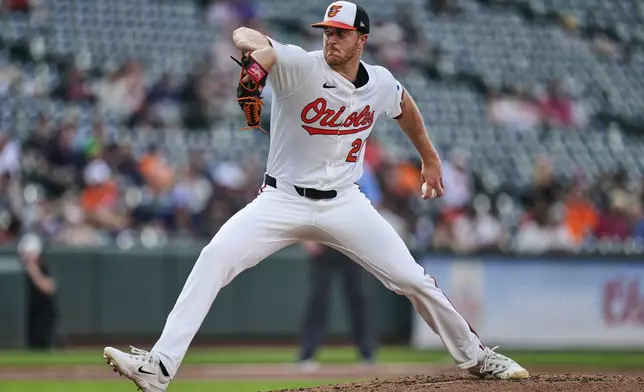 Baltimore Orioles starting pitcher Trevor Rogers delivers during the third inning of a baseball game against the Texas Rangers, Monday, June 23, 2025, in Baltimore. (AP Photo/Stephanie Scarbrough)