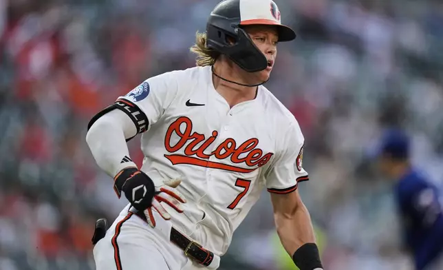 Baltimore Orioles' Jackson Holliday advances toward first base after hitting an RBI double to score Chadwick Tromp during the third inning of a baseball game against the Texas Rangers, Monday, June 23, 2025, in Baltimore. (AP Photo/Stephanie Scarbrough)