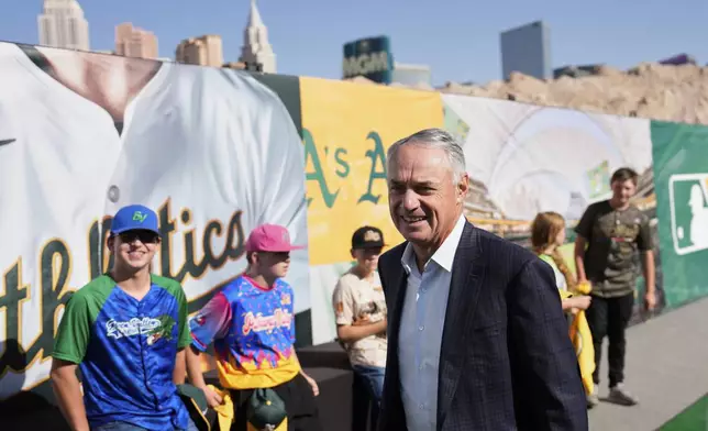 MLB Commissioner Rob Manfred arrives at a groundbreaking ceremony for the Athletics' baseball stadium Monday, June 23, 2025, in Las Vegas. (AP Photo/John Locher)