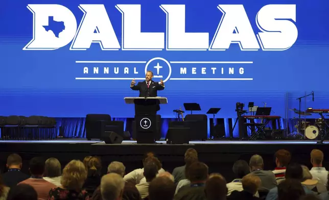 Southern Baptist Convention President Clint Pressley gives the President's Address during the 2025 SBC Annual Meeting, Tuesday, June 10, 2025, in Dallas. (AP Photo/Richard W. Rodriguez)