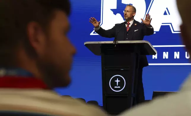 Southern Baptist Convention President Clint Pressley gives the President's Address during the 2025 SBC Annual Meeting, Tuesday, June 10, 2025, in Dallas. (AP Photo/Richard W. Rodriguez)
