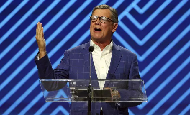 Kevin Ezell, president of the North American Mission Board, speaks during the 2025 Southern Baptist Convention Annual Meeting, Tuesday, June 10, 2025, in Dallas. (AP Photo/Richard W. Rodriguez)