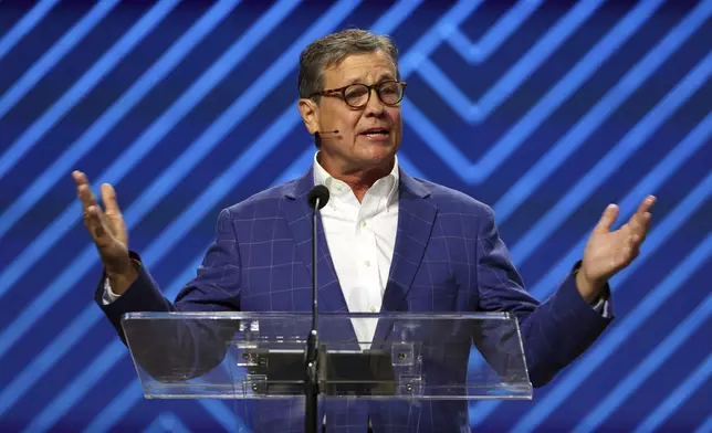 Kevin Ezell, president of the North American Mission Board speaks during the 2025 Southern Baptist Convention Annual Meeting, Tuesday, June 10, 2025, in Dallas. (AP Photo/Richard W. Rodriguez)