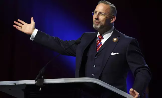 Southern Baptist Convention President Clint Pressley gives the President's Address during the 2025 SBC Annual Meeting, Tuesday, June 10, 2025, in Dallas. (AP Photo/Richard W. Rodriguez)