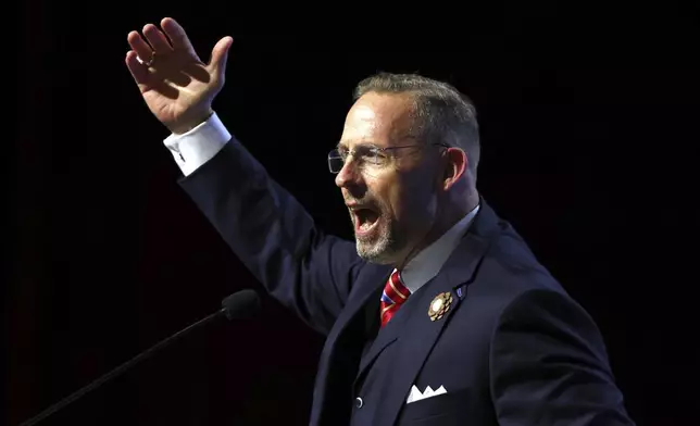 Southern Baptist Convention President Clint Pressley gives the President's Address during the 2025 SBC Annual Meeting, Tuesday, June 10, 2025, in Dallas. (AP Photo/Richard W. Rodriguez)