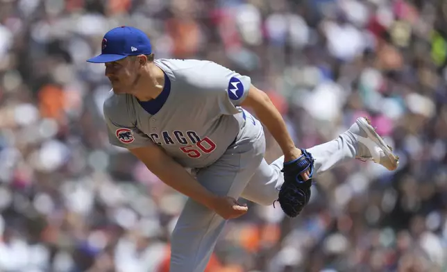 Chicago Cubs pitcher Jameson Taillon throws against the Detroit Tigers in the third inning during a baseball game, Saturday, June 7, 2025, in Detroit. (AP Photo/Paul Sancya)
