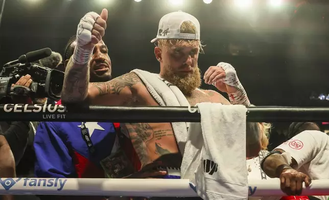 Jake Paul celebrates after his cruiserweight boxing match against Julio Cesar Chavez Jr. on Saturday, June 28, 2025, in Anaheim, Calif. (AP Photo/Etienne Laurent)