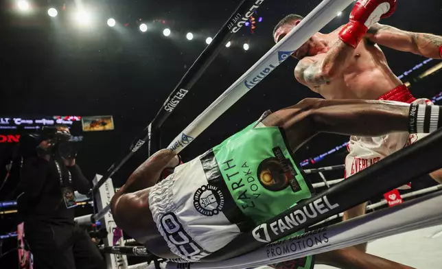 Julian Rodriguez, right, knocks out Avious Griffin during their WBC USA &amp; WBA Continental America Welterweight title boxing match on Saturday, June 28, 2025, in Anaheim, Calif. (AP Photo/Etienne Laurent)