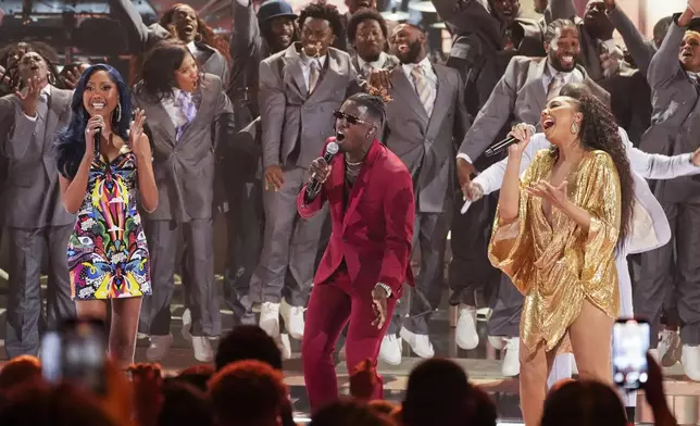 Muni Long, from left, Jamal Roberts, and Tamar Braxton perform during the BET Awards on Monday, June 9, 2025, at the Peacock Theater in Los Angeles. (AP Photo/Chris Pizzello)