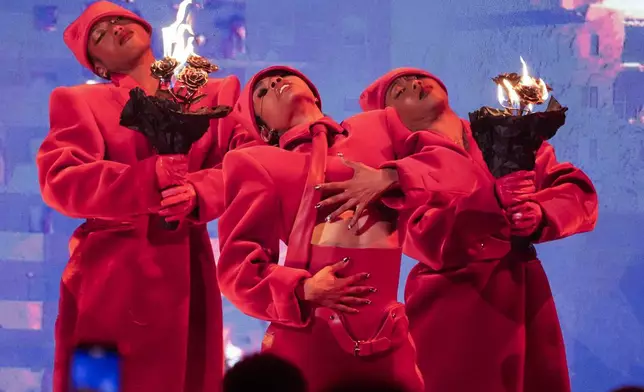 Teyana Taylor, center, performs during the BET Awards on Monday, June 9, 2025, at the Peacock Theater in Los Angeles. (AP Photo/Chris Pizzello)
