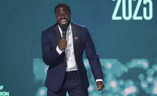 Host Kevin Hart speaks during the BET Awards on Monday, June 9, 2025, at the Peacock Theater in Los Angeles. (AP Photo/Chris Pizzello)