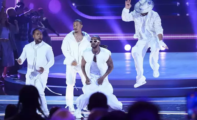 J-Boog, from left, Lil' Fizz, Omarion, and Raz-B of B2K perform during the BET Awards on Monday, June 9, 2025, at the Peacock Theater in Los Angeles. (AP Photo/Chris Pizzello)
