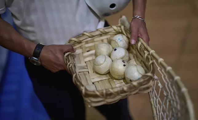 Jai Alai balls are pictured prior to the start of the Nations League match between the Spanish national team and the Euskadi national team at the Jai Alai fronton in Guernica-Luno, northern Spain, Friday, June 6, 2025. (AP Photo/Miguel Oses)
