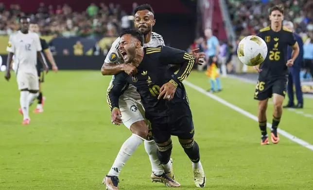 Saudi Arabia defender Ali Majrashi (26) fouls Mexico forward Alexis Vega (10) during a CONCACAF Gold Cup quarterfinal soccer match, Saturday, June 28, 2025, in Glendale, Ariz. (AP Photo/Samantha Chow)