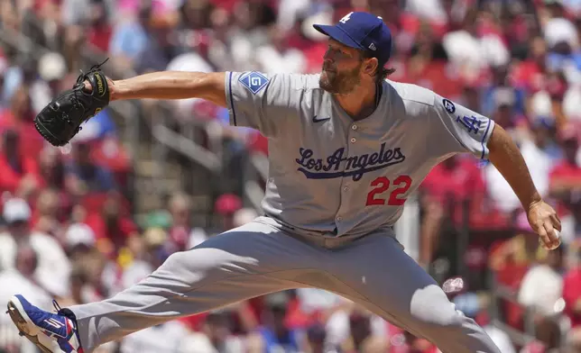 Los Angeles Dodgers starting pitcher Clayton Kershaw throws during the first inning of a baseball game against the St. Louis Cardinals Sunday, June 8, 2025, in St. Louis. (AP Photo/Jeff Roberson)