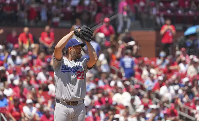 Los Angeles Dodgers starting pitcher Clayton Kershaw works during the first inning of a baseball game against the St. Louis Cardinals Sunday, June 8, 2025, in St. Louis. (AP Photo/Jeff Roberson)