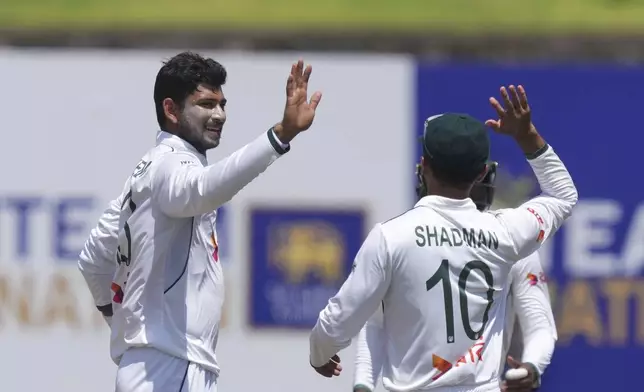Bangladesh's Nayeem Hasan celebrates the wicket of Sri Lanka's Tharindu Ratnayake during day four of the first cricket test match between Sri Lanka and Bangladesh in Galle, Sri Lanka, Friday, June 20, 2025. (AP Photo/Eranga Jayawardena)