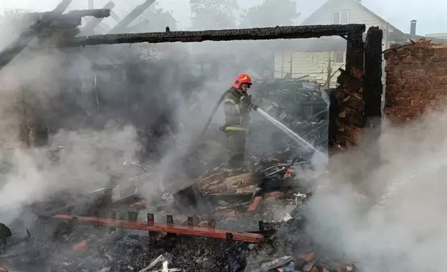 In this photo provided by the Ukrainian Emergency Service, firefighters put out the fire following Russia's drone attack in the Pryluky, Chernihiv region, Ukraine, Thursday, June 5, 2025. (Ukrainian Emergency Service via AP)