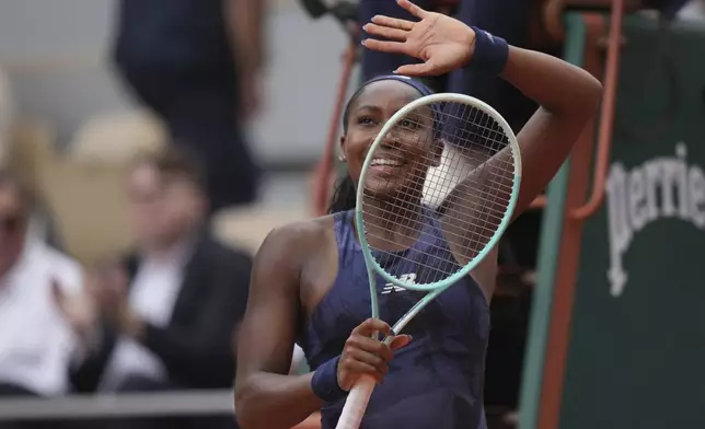 Coco Gauff of the U.S. celebrates as she won the fourth round match of the French Tennis Open against Russia's Ekaterina Alexandrova at the Roland-Garros stadium in Paris, Monday, June 2, 2025. (AP Photo/Thibault Camus)