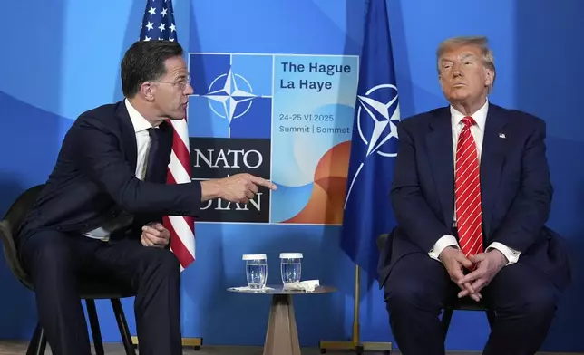 President Donald Trump meets NATO Secretary General Mark Rutte at the NATO summit in The Hague, Netherlands, Wednesday, June 25, 2025. (AP Photo/Alex Brandon)