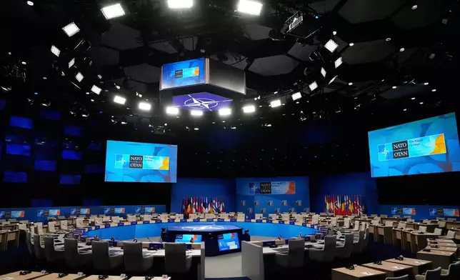 Inside view of the conference hall for the upcoming NATO summit in The Hague, Netherlands, Monday, June 23, 2025. (AP Photo/Matthias Schrader)