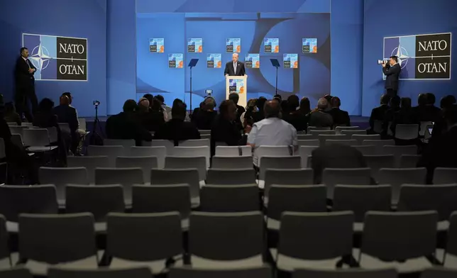 Turkish President Recep Tayyip Erdogan speaks during a press conference after the plenary session at the NATO summit in The Hague, Netherlands, Wednesday, June 25, 2025. (AP Photo/Markus Schreiber)