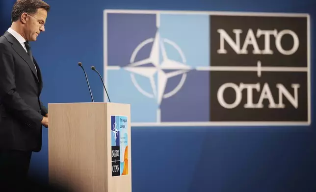 NATO Secretary General Mark Rutte speaks during a media conference ahead of the NATO summit in The Hague, Netherlands, Monday, June 23, 2025. (AP Photo/Markus Schreiber)