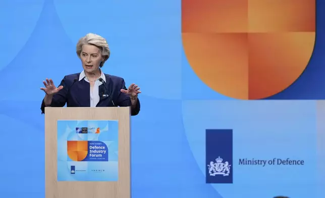 European Commission President Ursula von der Leyen addresses the audience during the NATO defense forum on the sidelines of the NATO summit in The Hague, Netherlands, Tuesday, June 24, 2025. (AP Photo/Matthias Schrader)