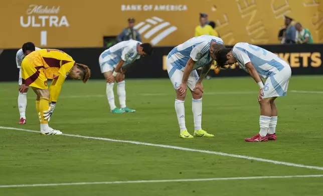 Ulsan HD players react after Fluminense scored a goal during the second half of a Club World Cup group F soccer match, Saturday, June 21, 2025, in East Rutherford, N.J. (AP Photo/Seth Wenig)