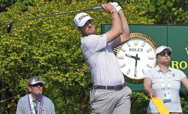Matt Vogt tees off on the first hole of a practice round for the 2025 US Open golf championship at Oakmont Country Club in Oakmont, Pa. Monday, June 9, 2025. (AP Photo/Gene J. Puskar)