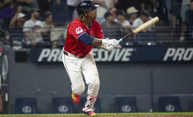 Cleveland Guardians' Jose Ramirez watches his game-winning single off Toronto Blue Jays relief pitcher Mason Fluharty during the 10th inning of a baseball game, Wednesday, June 25, 2025, in Cleveland. (AP Photo/Phil Long)