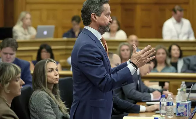 Defense attorney Alan Jackson speaks as Karen Read listens during her retrial, Tuesday, June 10, 2025, in Dedham, Mass. (Matt Stone/The Boston Herald via AP, Pool)