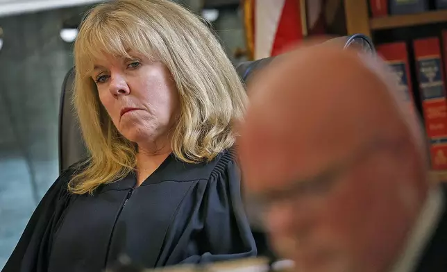 Judge Beverly Cannone listens to testimony by witness Brian Loughran a Canton DPW snow plow driver during Karen Read's murder retrial at Norfolk Superior Court in Dedham, Mass., Tuesday June 3, 2025. (Greg Derr/The Patriot Ledger via AP, Pool)