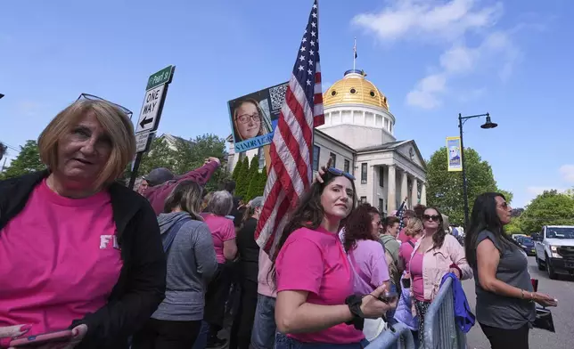 Supporters gather outside Norfolk Superior Court during the Karen Read trial, Monday, June 16, 2025, in Dedham, Mass. (AP Photo/Charles Krupa)