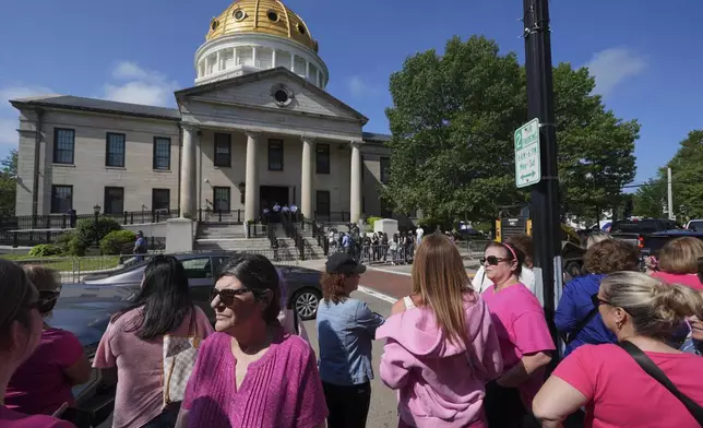 Supporters gather outside Norfolk Superior Court during the Karen Read trial, Monday, June 16, 2025, in Dedham, Mass. (AP Photo/Charles Krupa)