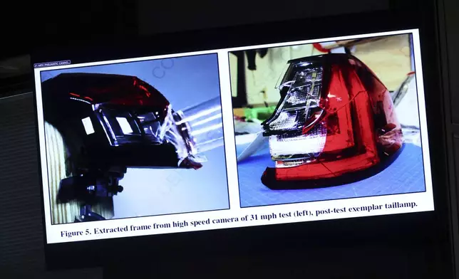 Images of a taillight assemby from a 2021 Lexus SUV are projected on a screen for jurors to view during Karen Read's murder trial in Norfolk Superior Court in Dedham, Mass., Friday, June 6, 2025.(Mark Stockwell/The Sun Chronicle via AP, Pool)