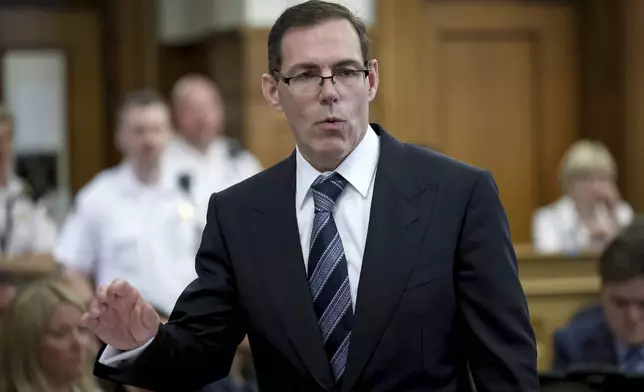 Prosecutor Hank Brennan finishes up his closing arguments during the murder trial of Karen Read in Norfolk Superior Court, Friday, June 13, 2025, in Dedham, Mass. (Mark Stockwell/The Sun Chronicle via AP, Pool)