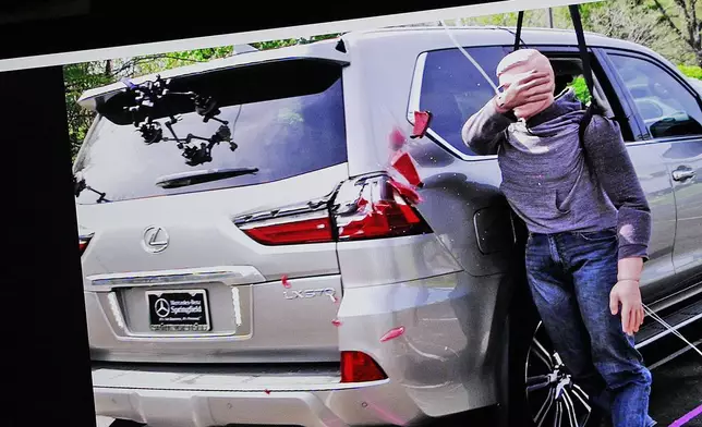 Still images from an ARCCA reconstruction test show the shattering of an SUV taillight during the Karen Read retrial in Norfolk Superior Court on Wednesday, June 11, 2025, Dedham, Mass. (Greg Derr/The Patriot Ledger via AP, Pool)