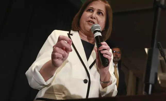FILE - Virginia State Sen-elect, Ghazala Hashmi speaks to supporters at a Democratic victory party in Richmond, Va., Nov. 5, 2019. (AP Photo/Steve Helber, File)