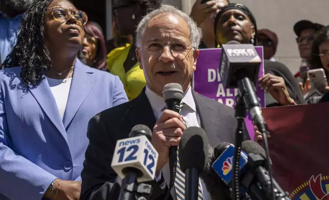 Paul Fishman, attorney for Rep. LaMonica Mclver (D-10th) speaks during a press conference outside a federal court Wednesday, June 25, 2025, in Newark, N.J. (AP Photo/Yuki Iwamura)