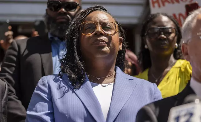 Rep. LaMonica Mclver (D-10th) attends a press conference with her supporters outside a federal court Wednesday, June 25, 2025, in Newark, N.J. (AP Photo/Yuki Iwamura)